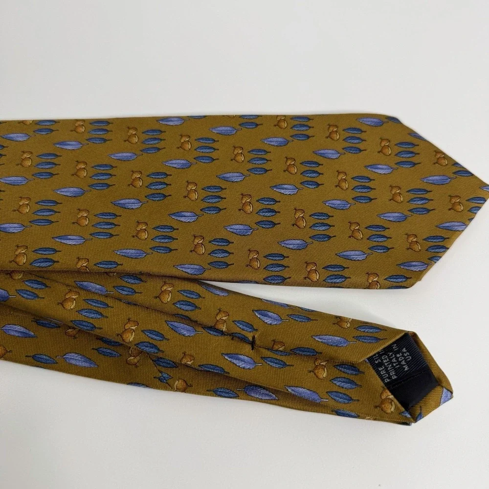 NWOT Brooks‎ Brothers Silk Necktie Acorns Feathers Brown Blue 3 5/8